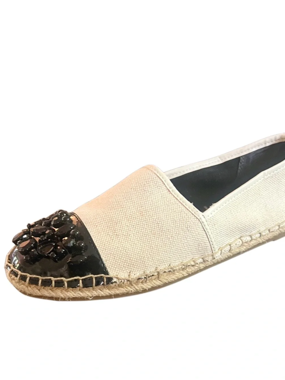 Sam Edelman Canvas Espadrille Flat with Black Jeweled Cap Toe Sz 8.5
